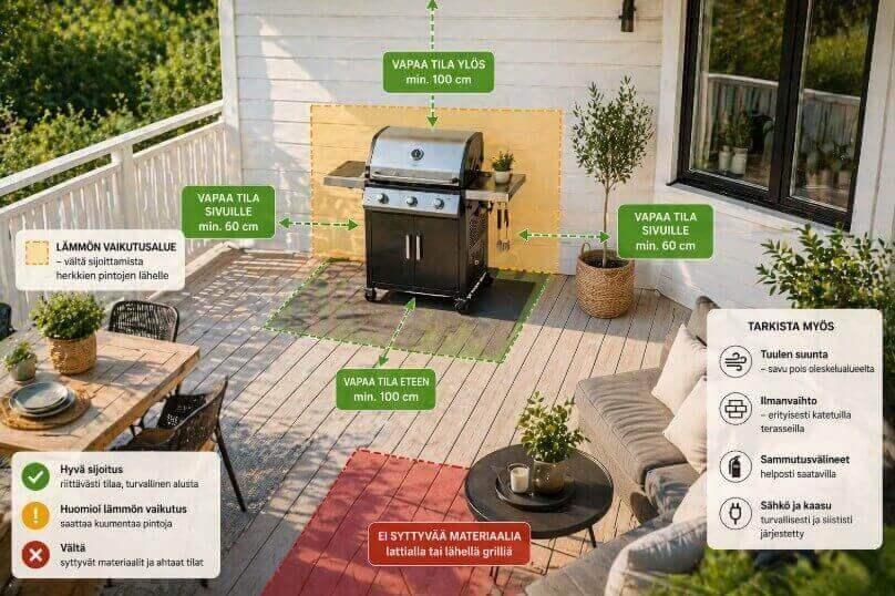 grillin sijoittaminen terassille turvallinen etäisyys ja tila