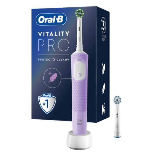 Oral-B Vitality Pro sähköhammasharja violettina ja harjaspäät