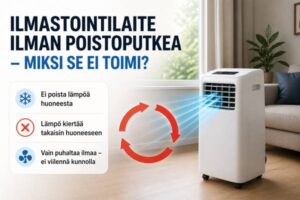 Ilmastointilaite ilman poistoputkea lämpimässä huoneessa