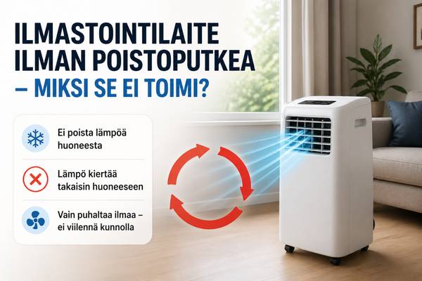 Ilmastointilaite ilman poistoputkea lämpimässä huoneessa
